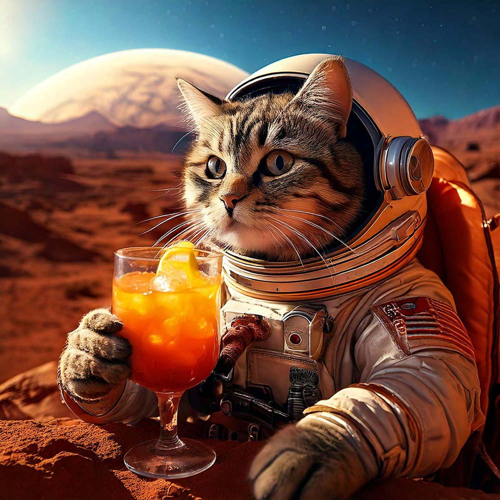 AI generated image of a cat drinking cocktail on Mars